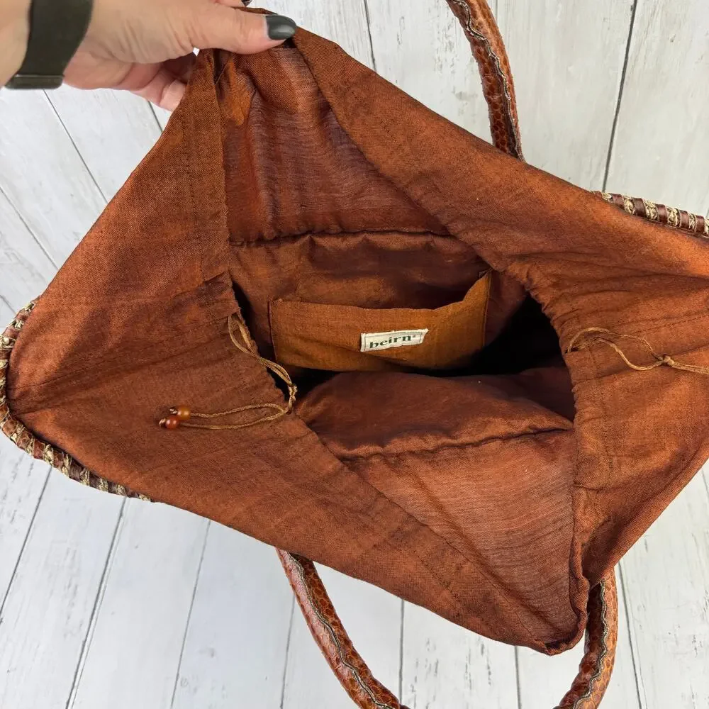 VTG Beirn Brown Cotton Raffia and Leather Trim Shoulder Tote Bag Hand Made